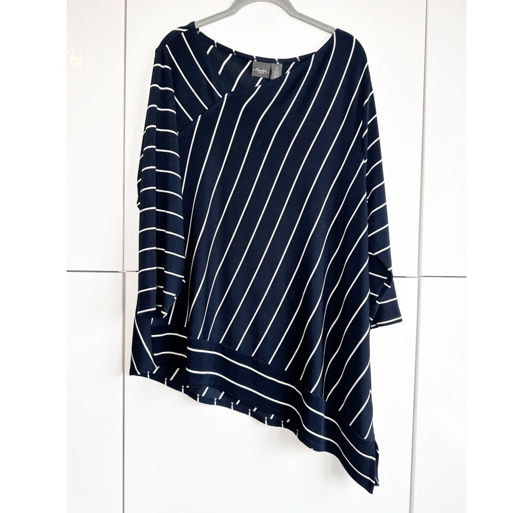 Chicos Travelers Navy Blue White Stripe Pullover Top Size 3 (XL-16) 3/4 Sleeves